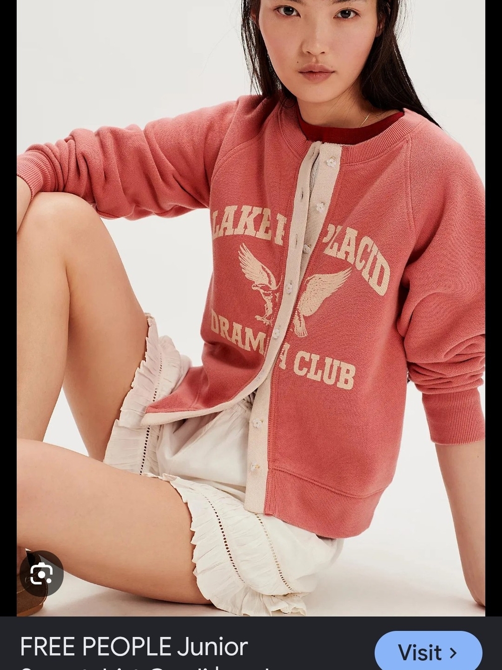 Free People Coral Graphic Crewneck Button Up Sweatshirt, Size Xs